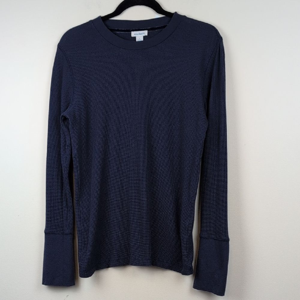 Sundance Navy Waffle Knit Long Sleeve Thermal Top Velvet Trim Size L